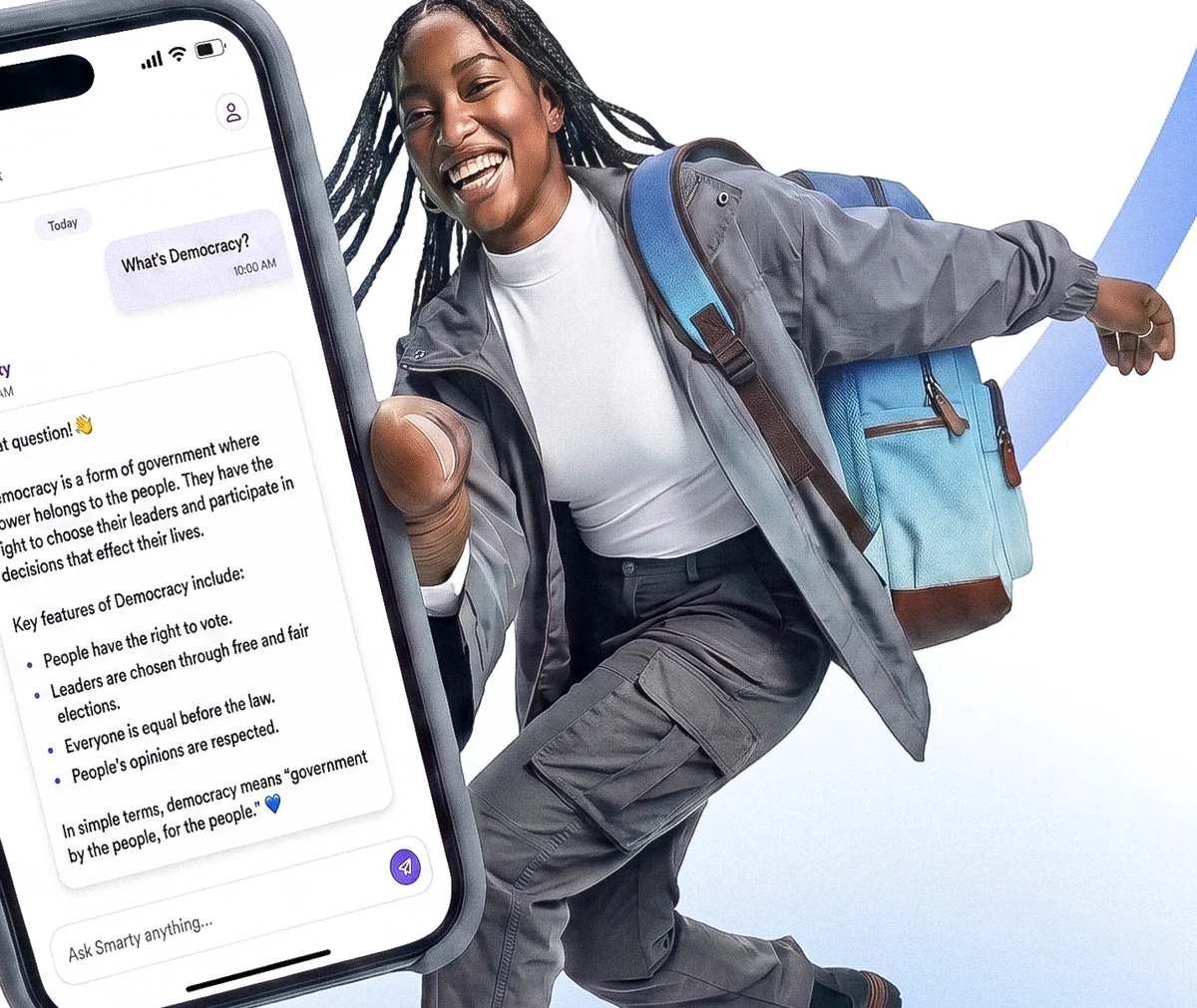 A student holding a phone showing Smarty, the SmarTest AI study assistant, explaining a topic