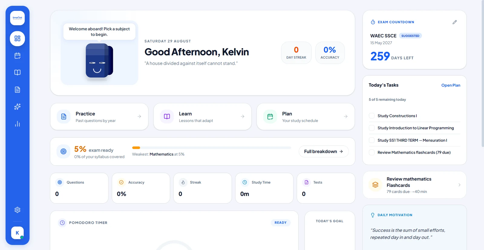 The SmarTest desktop dashboard — exam countdown, today's tasks and readiness