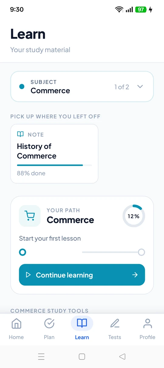 The Learn tab — learning path, notes, flashcards, syllabus, explainers and the AI tutor for the chosen subject